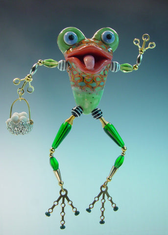 Frog Porcelain and mixed media pin  Frog /  Basket eggs V4402