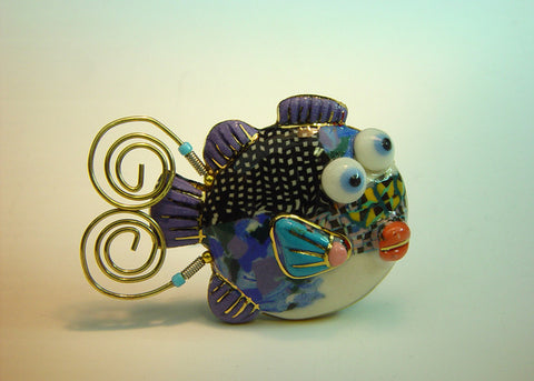 Blow fish porcelain and mixed media pin Balloon Blowfish Fish V7806