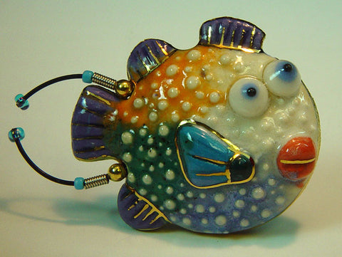 Puffin Pufferfish porcelain and mixed media pin
