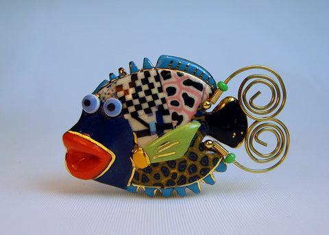 Fish Porcelain and mixed media pin  Fish Gabby V8801