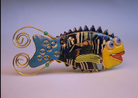 Fish Porcelain and mixed media pin  Fish comika V2803