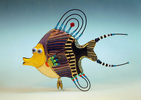 Fish Porcelain and mixed media pin  Fish Ooba V8812