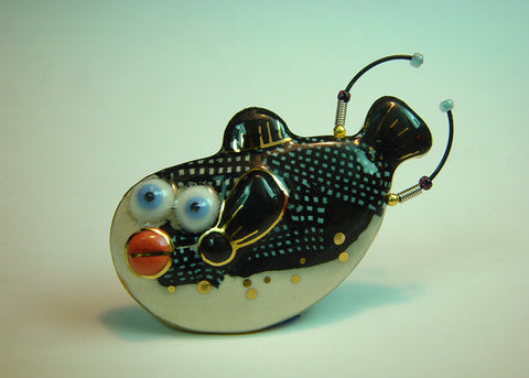 Blue and white Box Fish porcelain and mixed media pin Blue and White Box Fish V7305