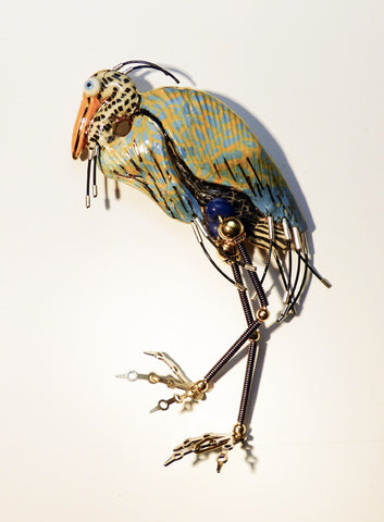 Ble Heron porcelain and mixed media pin Blue Heron with Dangling Legs V4376