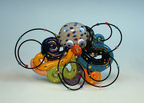 Octopus porcelain and mixed media pin Octopus V527