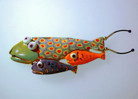 Mother and baby fishes Porcelain and mixed media pin  Fish Mother and 2 Babies V2903