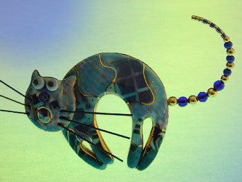 Cat (blue) porcelain and mixed media pin