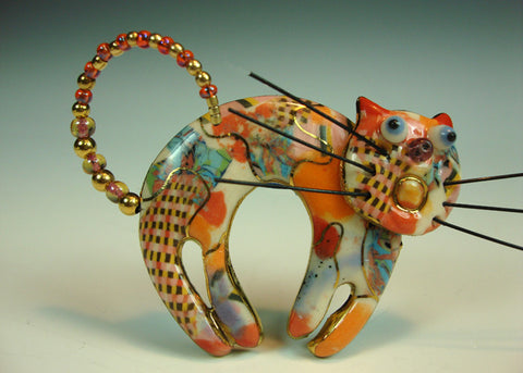  Cat Salmon color Porcelain pin and mixed media