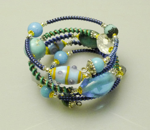  "Aqua" Mixed Stone Memory Wire Wrap Bracelet