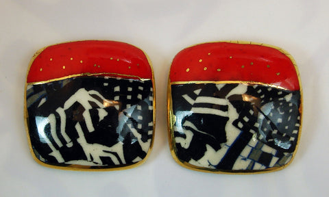 Rounded square earrings (black, red and white)