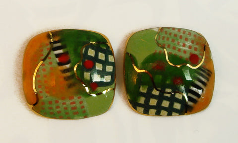 Rounded square earrings (green tones)