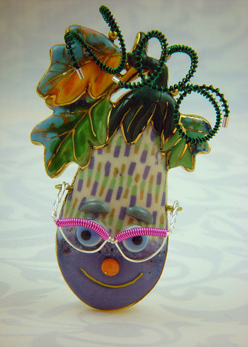 Eggplant Porcelain and mixed media pin 