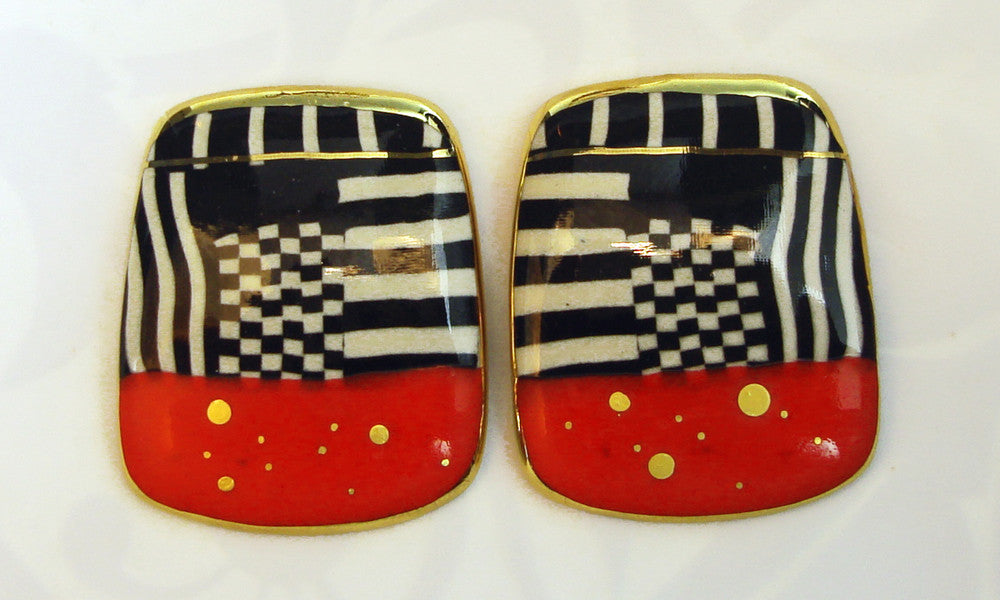 Rounded Rectangular Earrings (Red, black and white)