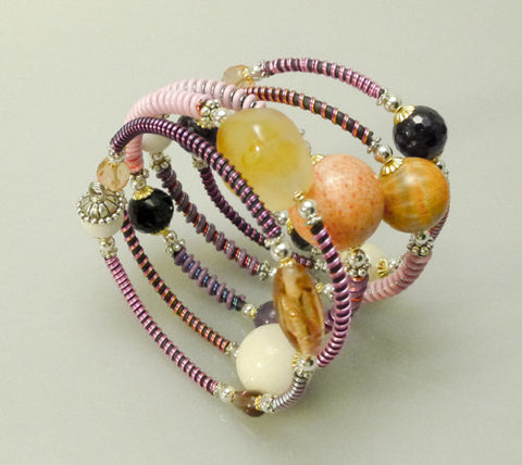 Mixed Stone Memory Wire Wrap Bracelet " Pink Sunrise "  Mwirecitrus