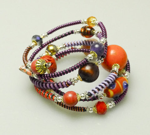 Mixed Stone Memory Wire Wrap Bracelet " Red Sunset  " Mwirecitrus