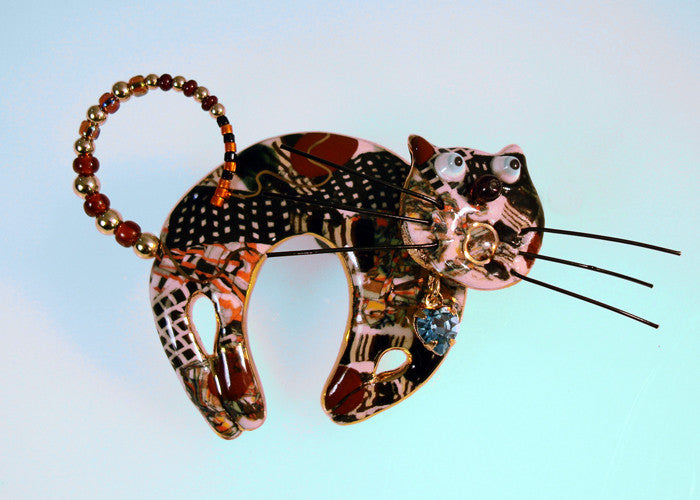 cat (brown) porcelain and mixed media pin