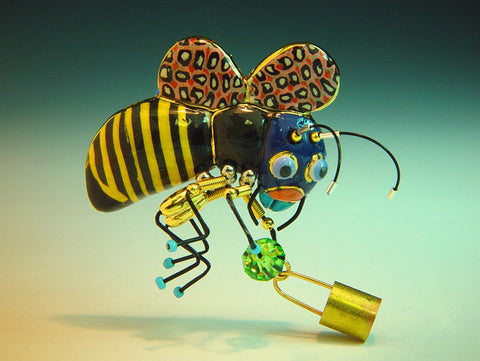 Bee with honey Basket porcelain and mixed media pin