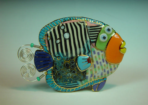 Angela Angel fish porcelain and mixed media pin