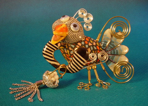 Big bird with Tassled Basket porcelain and mixed media pin