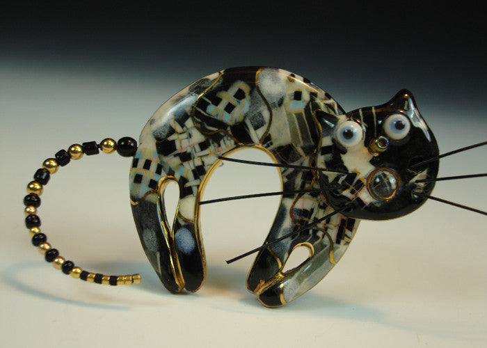 Black and White Arch Cat porcelain and mixed media pin