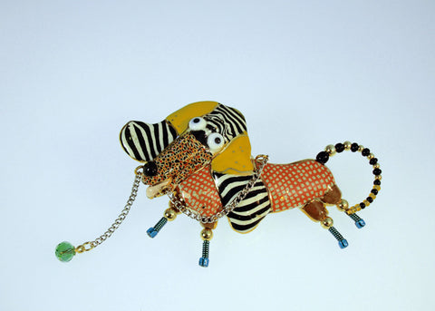 Dog with Leash Porcelain and mixed media pin 
