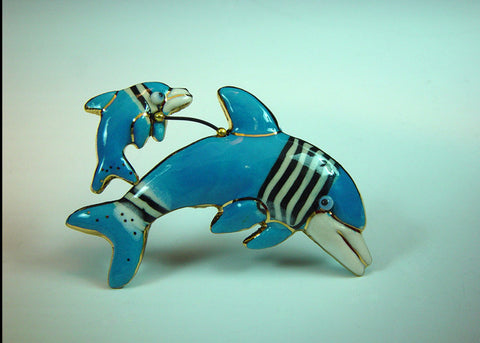 Blue Dolphin porcelain and mixed media pin