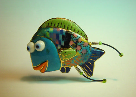 Blue Sergeant Fish porcelain and mixed media pin