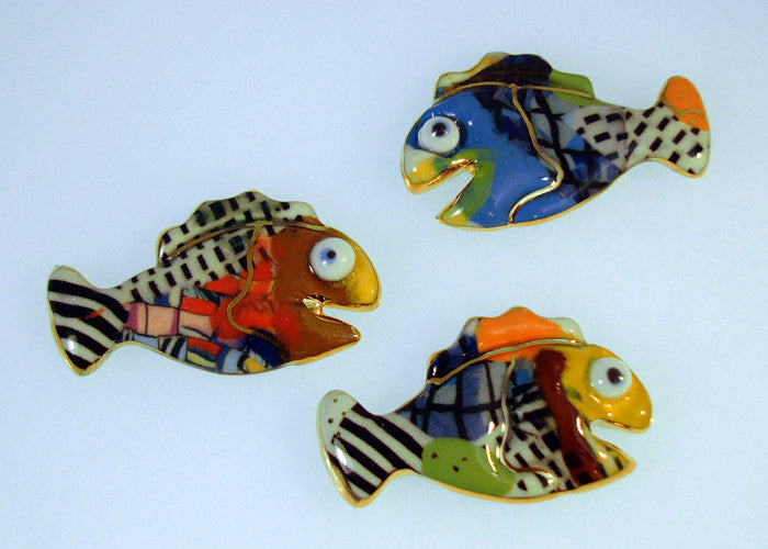 Tiny baby fish porcelain and mixed media pins