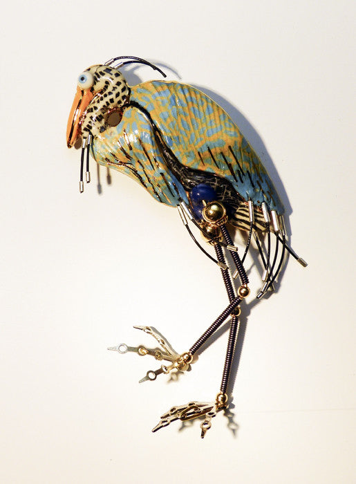 Ble Heron porcelain and mixed media pin