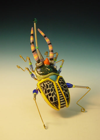 Horned Scarab Beetle Porcelain and mixed media pin 