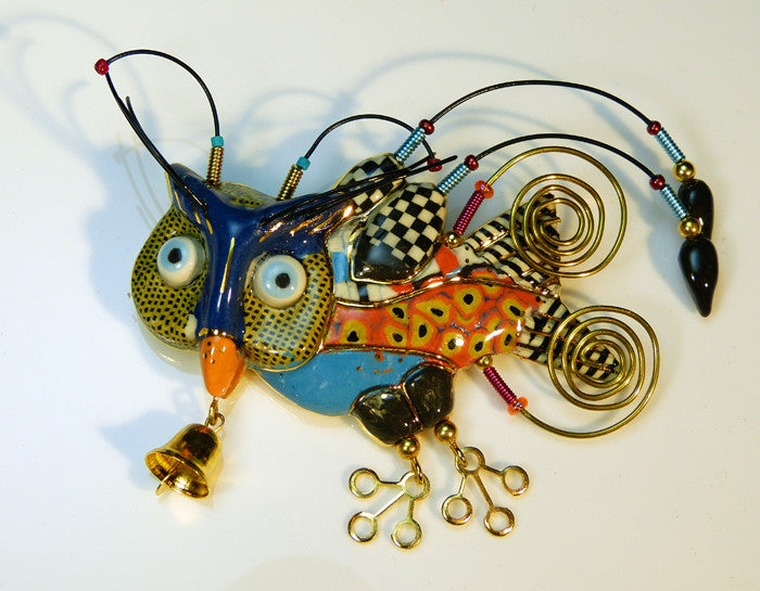 Owl porcelain and mixed media pin