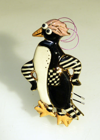 Penguine Attitude porcelain and mixed media pin