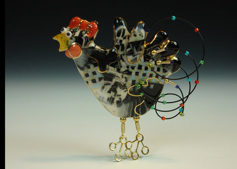 Rooster black and white porcelain and mixed media
