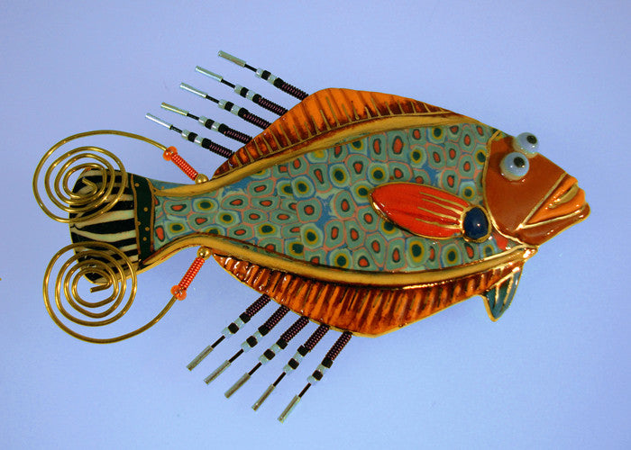 Flounder fish Porcelain and mixed media pin 